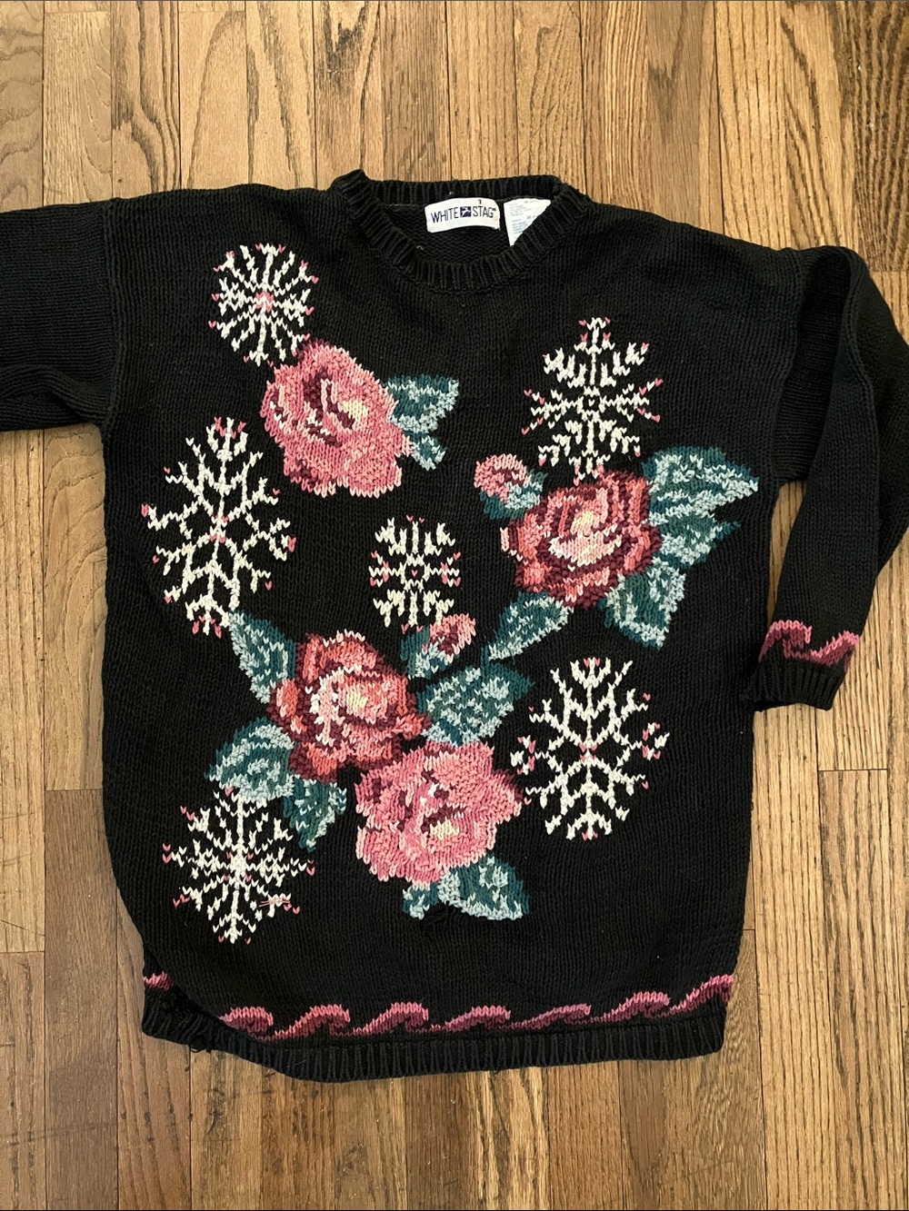 White Stag Black Crewneck Sweater with Pink & Teal Floral motifs
